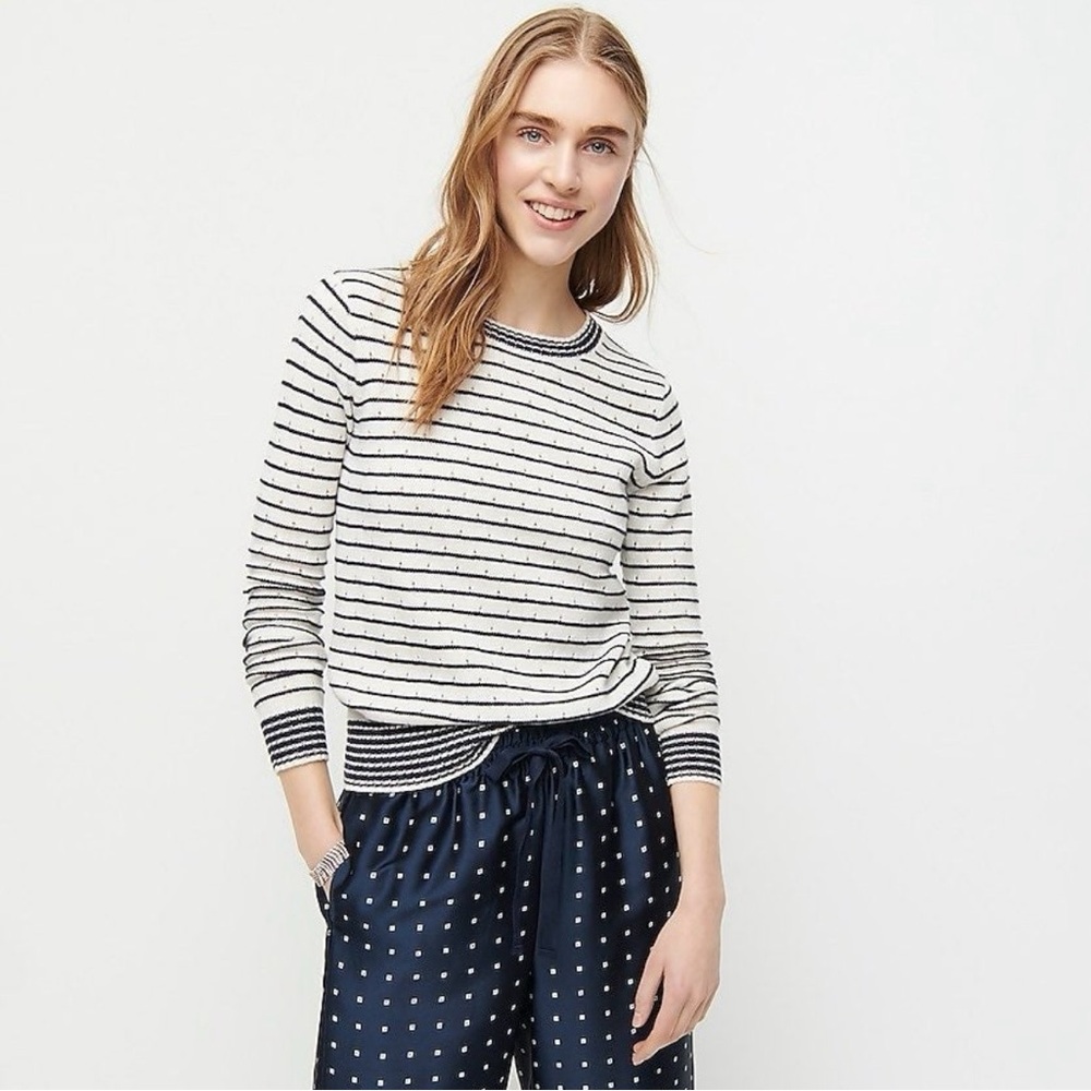 J Crew Pointelle Crewneck Sweater in Stripe Ivory Navy Size Medium